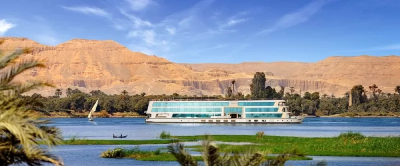 MS Amwaj Living Stone Nile Cruise sailing elegantly along the Nile – modern luxury on the water